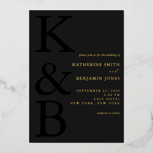 Invitation En Aluminium Monogramme noir mat moderne Mariage minimaliste (Recto)