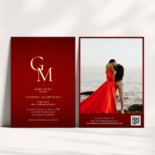 Invitation En Aluminium Monogramme or Crimson rouge photo QR Code Mariage