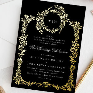 Invitation En Aluminium Monogramme or Noir Crest Mariage classique