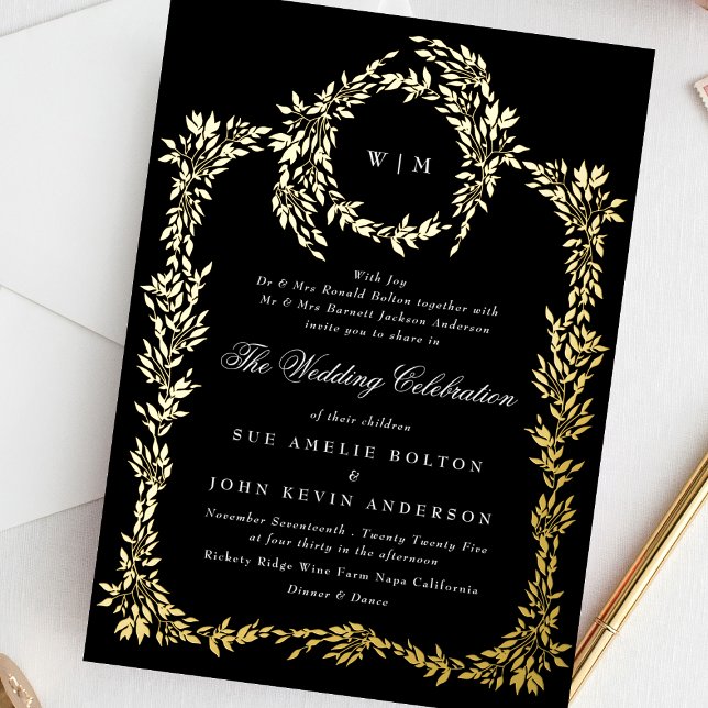 Invitation En Aluminium Monogramme or Noir Crest Mariage classique (Créateur téléchargé)