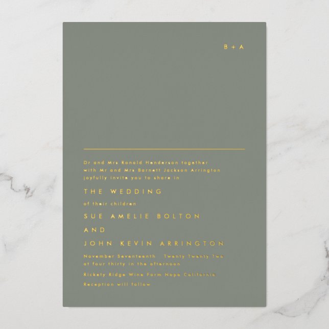 Invitation En Aluminium Monogramme or simple et élégant | Sage Green Foil (Recto)