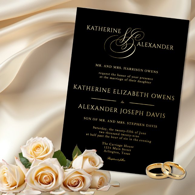 Invitation En Aluminium Monogramme Script Gold Black Mariage Foil Invitati (Créateur téléchargé)