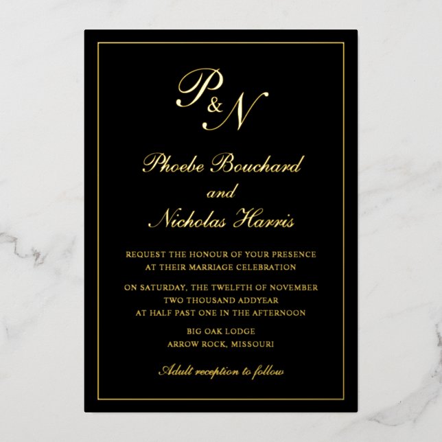 Invitation En Aluminium Monogramme traditionnel Formel Noir Mariage Or (Recto)