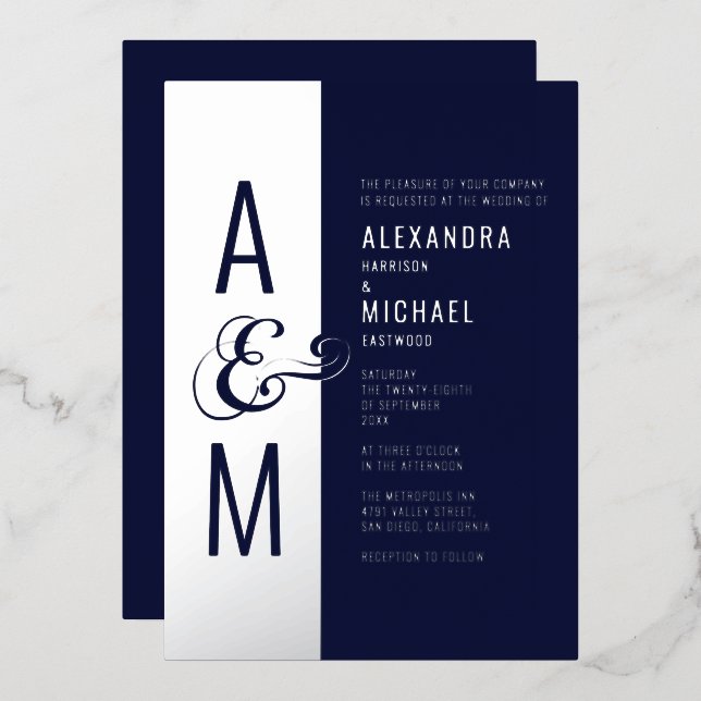 Invitation En Aluminium Monogramme Typographie Marine Blue Silver Mariage (Recto/Verso)
