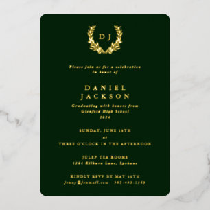 Invitation En Aluminium Monogramme vert foncé + Laurel Wreath Graduation