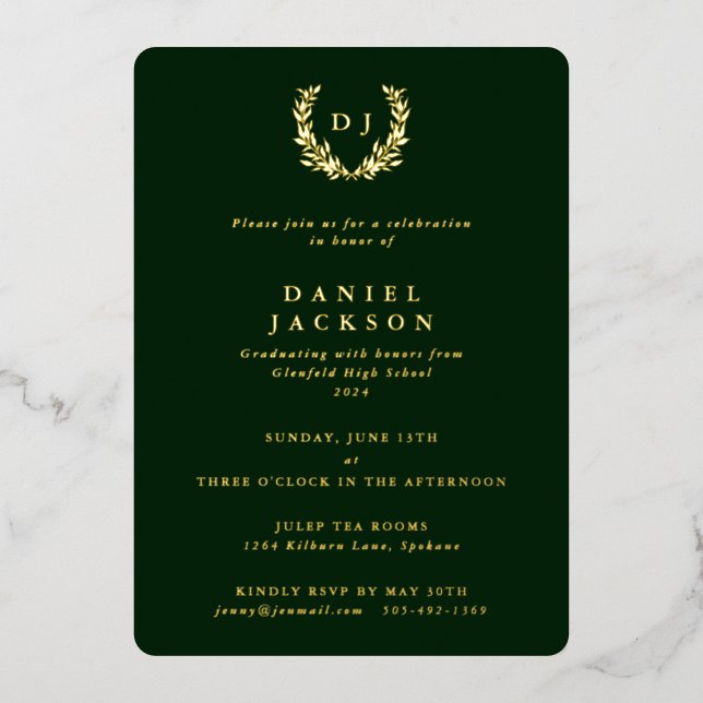 Invitation En Aluminium Monogramme vert foncé + Laurel Wreath Graduation (Recto)