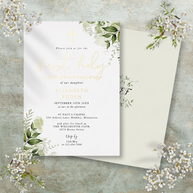 Invitation En Aluminium Monogramme vert rustique Première communion sainte (Rustic Greenery Monogram First Holy Communion Foil Invitation)