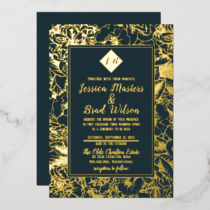 Invitation En Aluminium Monogramme vintage   Floral Mariage Sombre Turquoi
