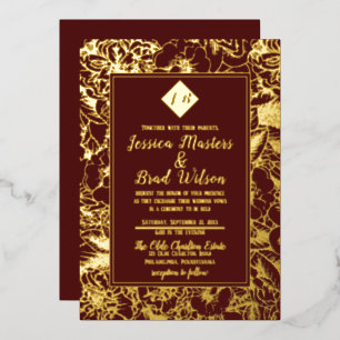 Invitation En Aluminium Monogramme vintage   Mariage floral Bourgogne   Or