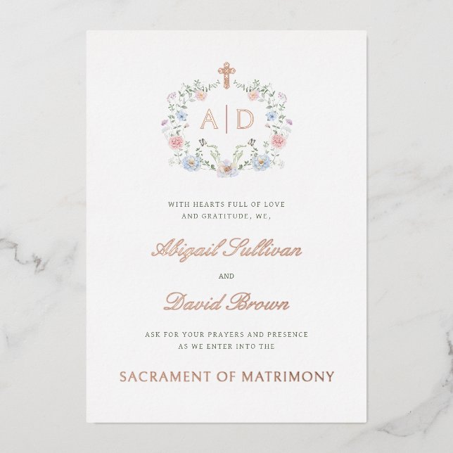 Invitation En Aluminium Monogrammes de cadre floral Mariage catholique (Recto)