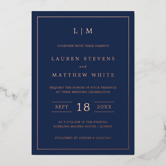 Invitation En Aluminium Monographie bleu marine simple Mariage élégant (Recto)
