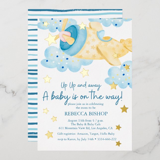 Invitation En Aluminium Montez et partez de l'avion Jaune Baby Boy Douche (Recto/Verso)