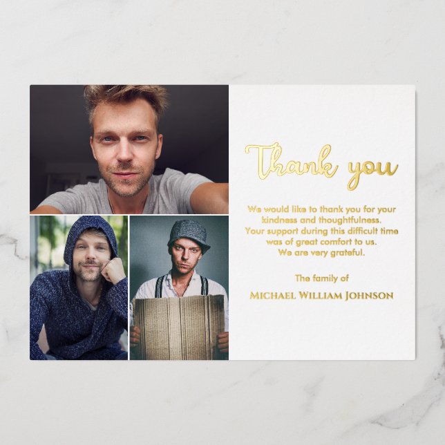 Invitation En Aluminium Monument funéraire unique 3 Photo Collage Or blanc (Recto)