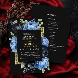 Invitation En Aluminium Moody Blue et Black Elegant Floral Mariage