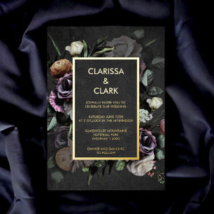Invitation En Aluminium Moody Bold Dark Floral Black Gold Mariage
