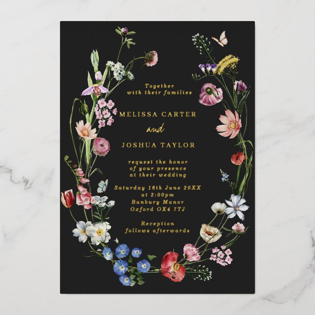 Invitation En Aluminium Moody Dutch Flowers & Butterflies Mariage Gold (Recto)