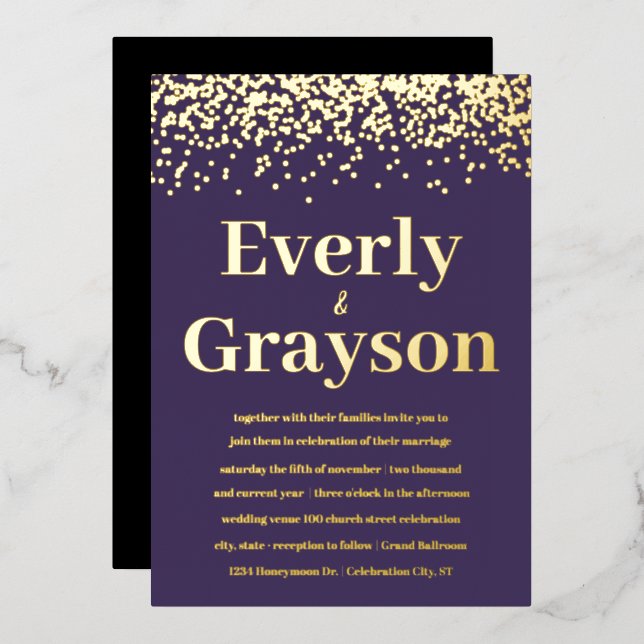 Invitation En Aluminium Moody Elegant Confetti Purple and Gold Mariage (Recto/Verso)