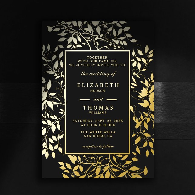 Invitation En Aluminium Moody Forest Botanical Gold Mariage classique mode (moody forest wedding invitation botanical frame black gold elegant modern classic woodland fairy)