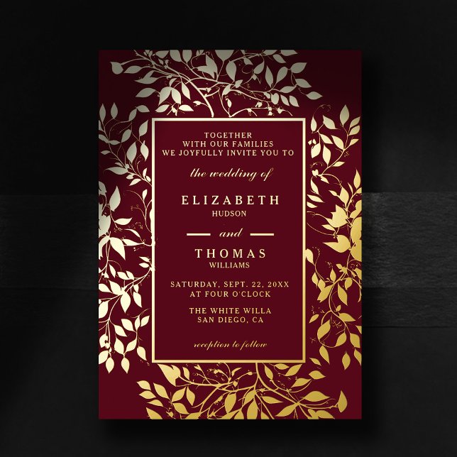 Invitation En Aluminium Moody Forest Botanical Gold Mariage classique mode (moody forest wedding invitation botanical frame burgundy gold elegant modern classic woodland fairy)