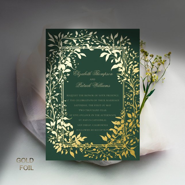 Invitation En Aluminium Moody Forest Foliage Élégant Mariage classique or (moody forest wedding invitation botanical frame green elegant modern traditional calligraphy gold)