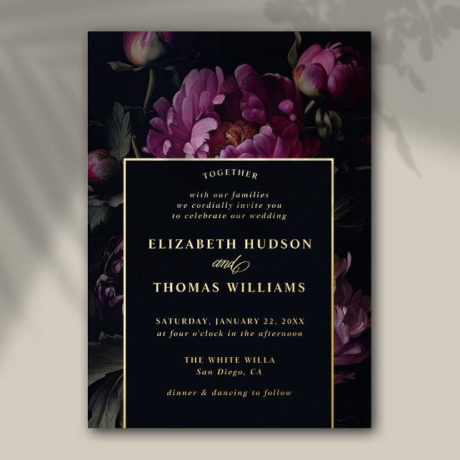 Invitation En Aluminium Moody Pink Peony Moderne Vintage Mariage élégant (moody floral wedding invitation vintage pink peony dark elegant classic formal frame gold foil)