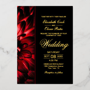 Invitation En Aluminium Moody Red Dahlia Floral Gold Texte Mariage