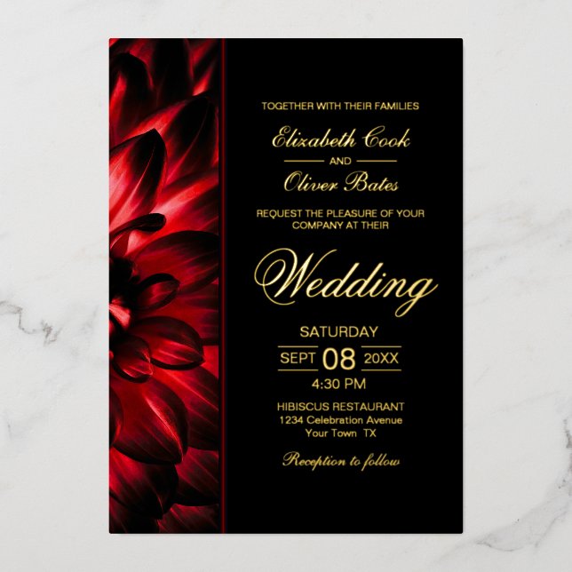 Invitation En Aluminium Moody Red Dahlia Floral Gold Texte Mariage (Recto)