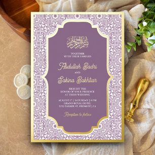 Invitation En Aluminium Motif Arabesque Lavande Mariage Musulman Or