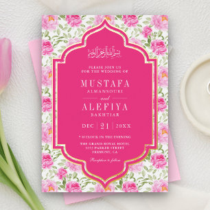 Invitation En Aluminium Motif Floral Rose Fuchsia Mariage Musulman Or