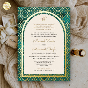 Invitation En Aluminium Motif marocain turquoise Sikh Arch Mariage Gold