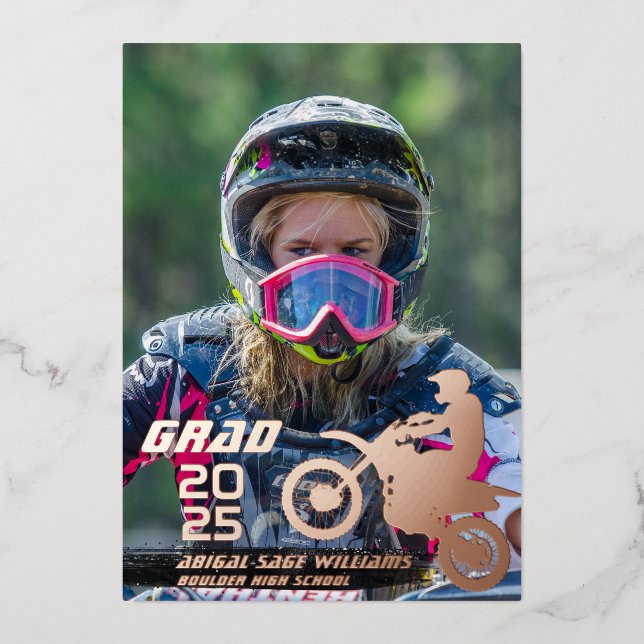 Invitation En Aluminium Motocross 2 Rose de graduation photo Gold (Recto)