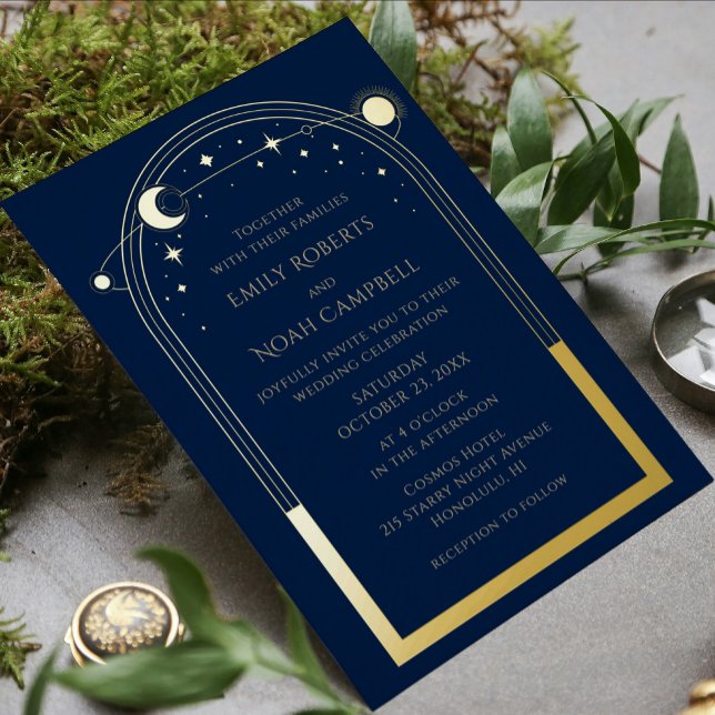 Invitation En Aluminium Mystical Blue Gold Sun Moon Astronomie Photo spati (Créateur téléchargé)