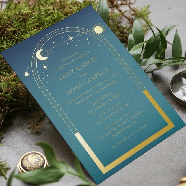 Invitation En Aluminium Mystique Turquoise Gold Sun Star Moon Astronomie S (Créateur téléchargé)