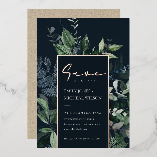 Invitation En Aluminium Navy Black Kraft Vert Feuillage Faune Enregistrer  (Recto/Verso)