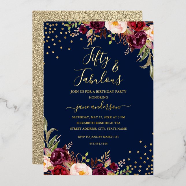 Invitation En Aluminium Navy Bourgogne Floral Confetti 50 & Fabuleux (Recto/Verso)