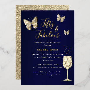 Invitation En Aluminium Navy Gold Champagne 50 & Fabulous Anniversaire