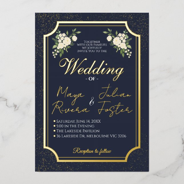 Invitation En Aluminium Navy Gold Glitter White Floral Photo Wedding (Recto)