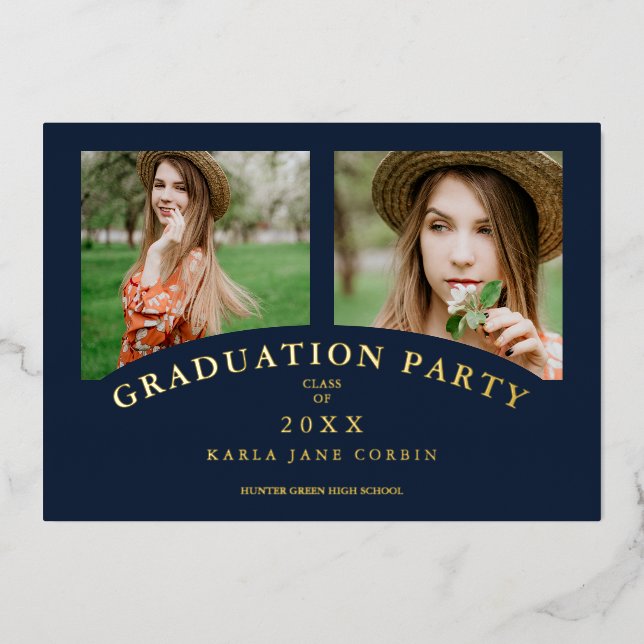 Invitation En Aluminium Navy Modern Elegant Chic Graduation Party 2 Photos (Recto)