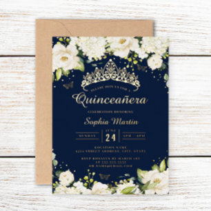 Invitation En Aluminium Navy Or Champagne Floral Quinceanera 