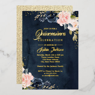 Invitation En Aluminium Navy REAL GOLD FOIL Rose Florale Quinceanera