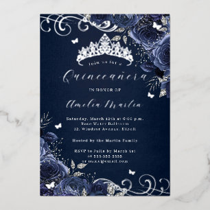 Invitation En Aluminium Navy Rose Floral Argent Tourbillon Quinceanera