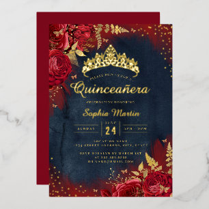Invitation En Aluminium Navy Rouge Papillon Floral Quinceanera 