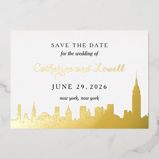 Invitation En Aluminium New York Skyline Gold Foil Enregistrer la date (Recto)