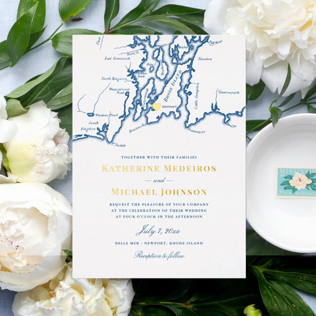 Invitation En Aluminium Newport Rhode Island Elegant Mariage bleu marine (This Newport RI gold foil invitation is perfect for your navy blue and gold destination wedding)