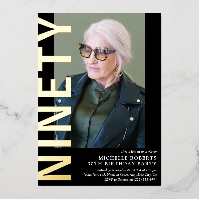 Invitation En Aluminium NINETY moderne Photo 90th Birthday Party Invitatio (Recto)