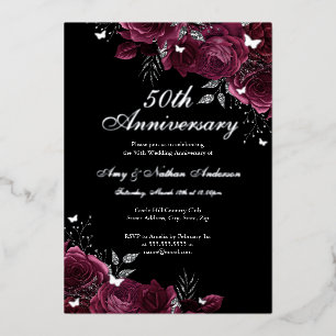 Invitation En Aluminium Noces de soie argentées Floral Burgundy 50ème Anni