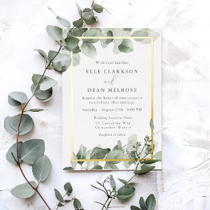 Invitation En Aluminium Noces Feuilles Vert Sauge Bordure Or