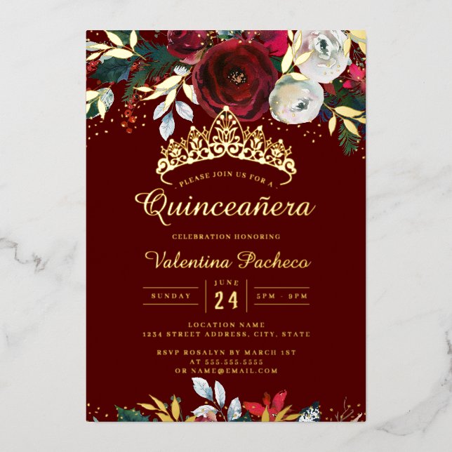 Invitation En Aluminium Noël Gold Red Festiage Foliage Quinceanera (Recto)