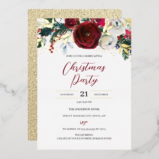 Invitation En Aluminium Noël Or Rouge Feuillage Festif Fête  (Recto/Verso)
