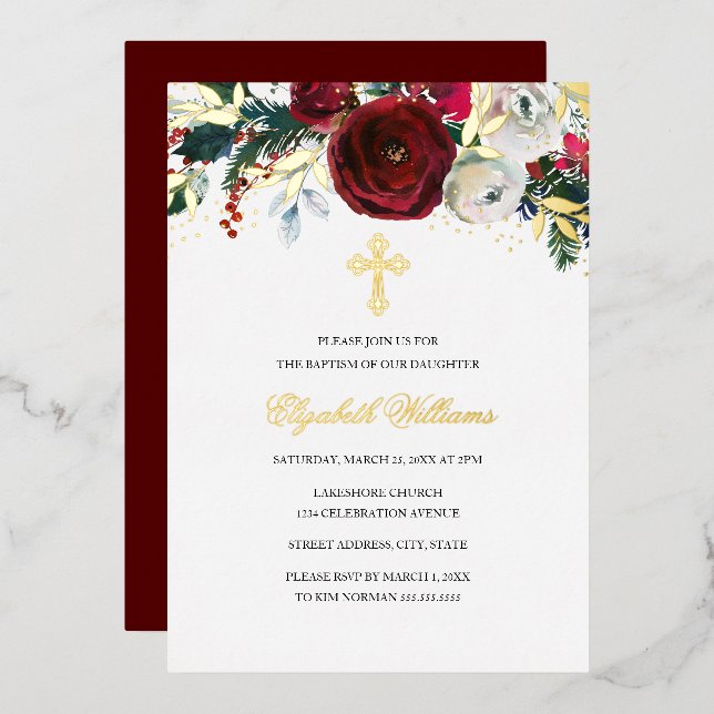 Invitation En Aluminium Noël Rouge or floral fille Baptême (Recto/Verso)